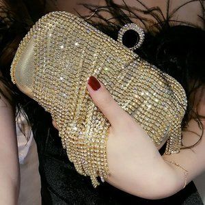 NWT Sparkling Bling Swarovski Crystal Rhinestone Tassel Purse: Silver Go…